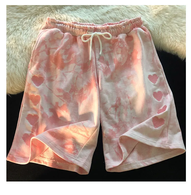 Europe Embroidery Dye Heart Shaped Summer Shorts Women Student Cargo Straight Loose Sporty Bermuda Shorts