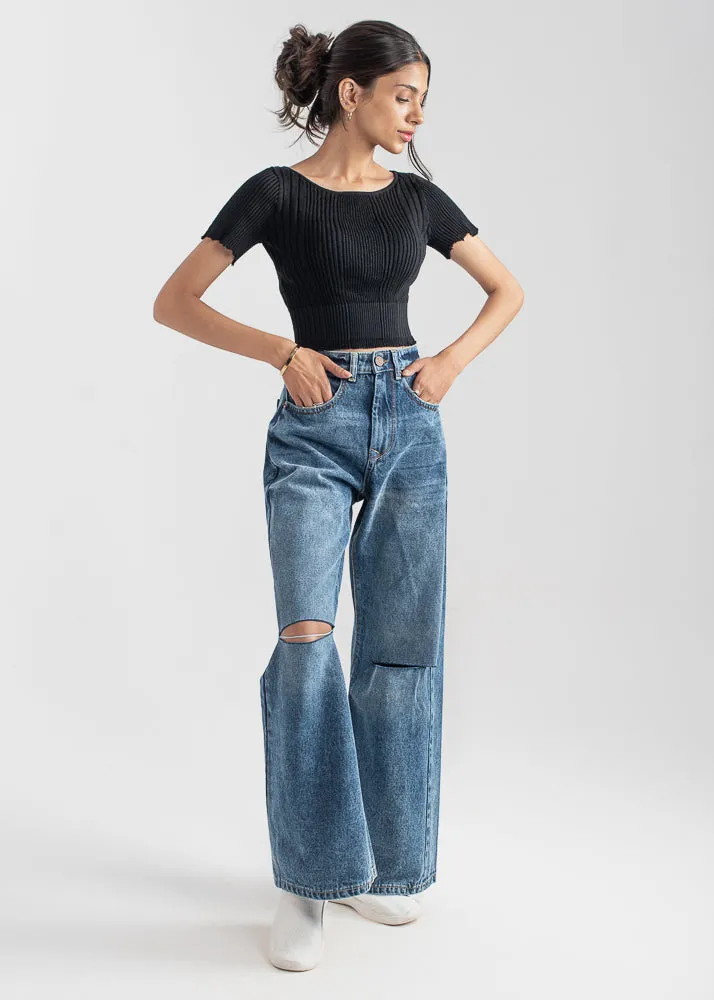 High Rise Stretchable Knee-cut Jeans with Flare (RIPPED APART )