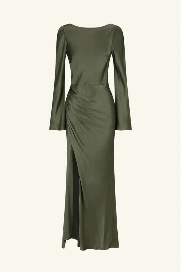 La Lune Flared Sleeve Side Split Midi Dress - Forest
