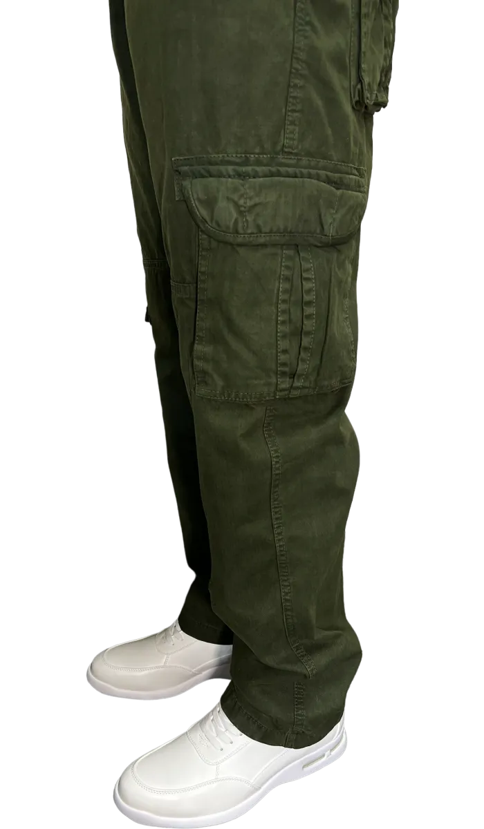 Men's Olive Cargo Jeans 6 Pockets Loos-Fit Military Style