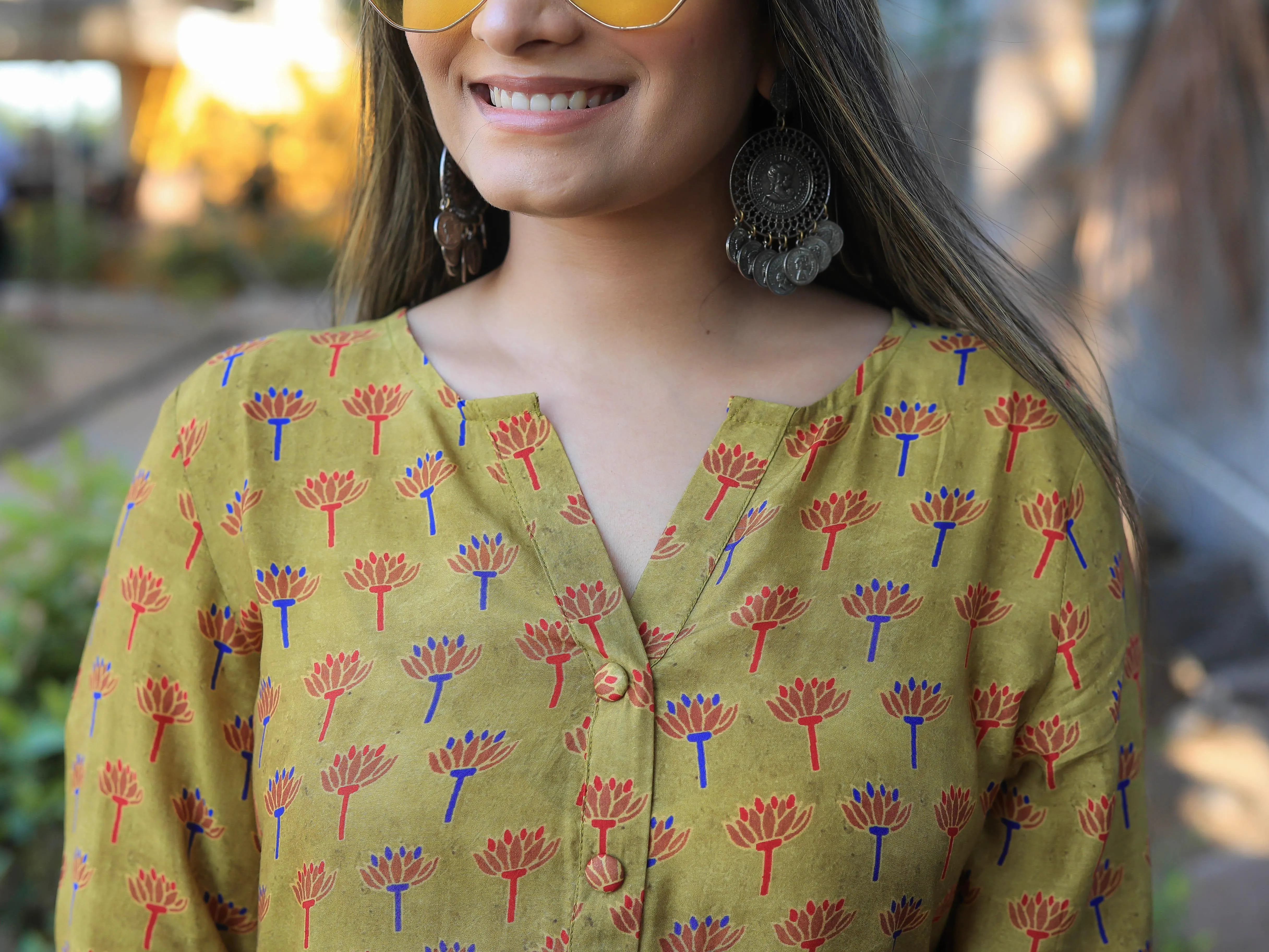 Olive green muslin Floral print Tunic cum Short Kurta