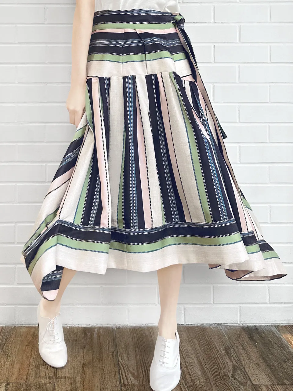 Pastel Stripes Tie-Waist Tiered High/Low Skirt