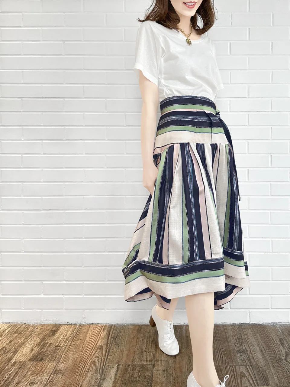 Pastel Stripes Tie-Waist Tiered High/Low Skirt