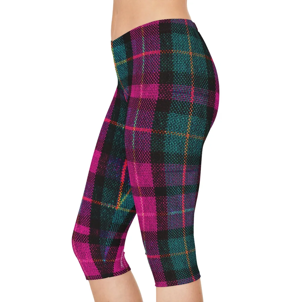 Pink Plaid Women's Capri Leggings, Knee-Length Polyester Capris Tights-Made in USA (US Size: XS-2XL)