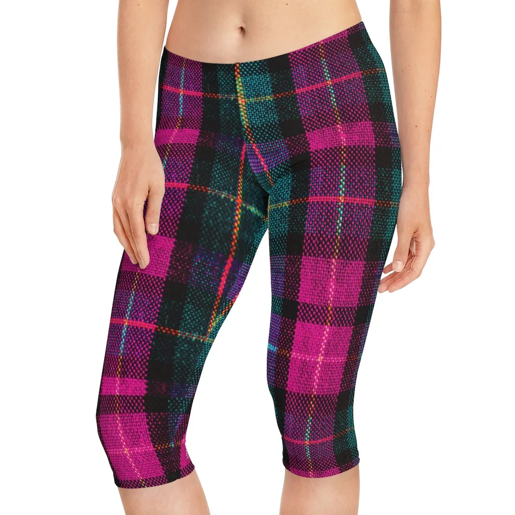 Pink Plaid Women's Capri Leggings, Knee-Length Polyester Capris Tights-Made in USA (US Size: XS-2XL)