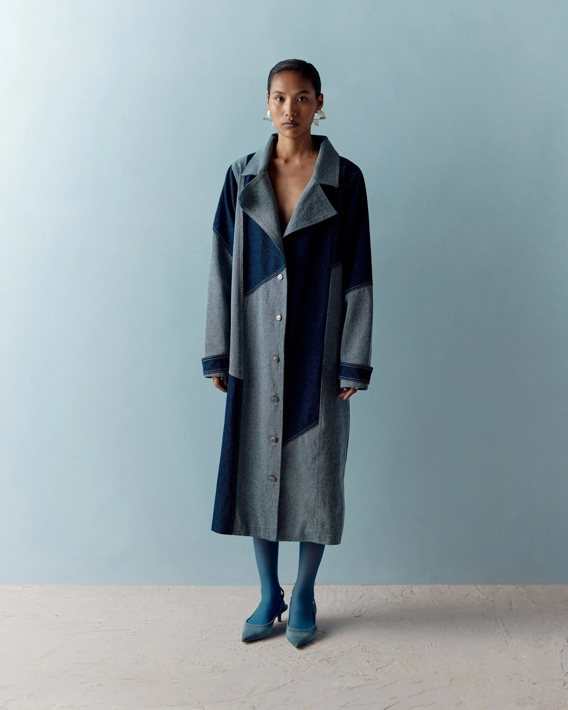 POOJA HEGDE IN OUR DENIM COLOR BLOCK TRENCH