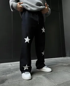 Urban Vintage Star Print Baggy Straight Fit Wide Leg Streetwear Black Denim Jeans