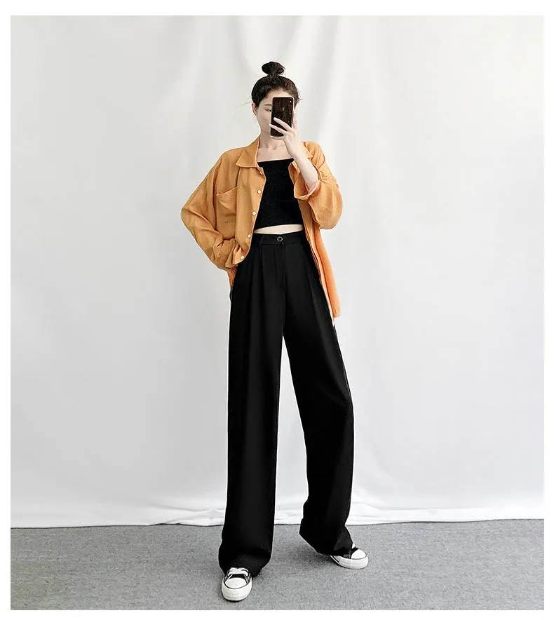 Wide Leg Suit Pants Women High Waist Slim Look Drape Long Loose Straight Casual Floor Length Pants