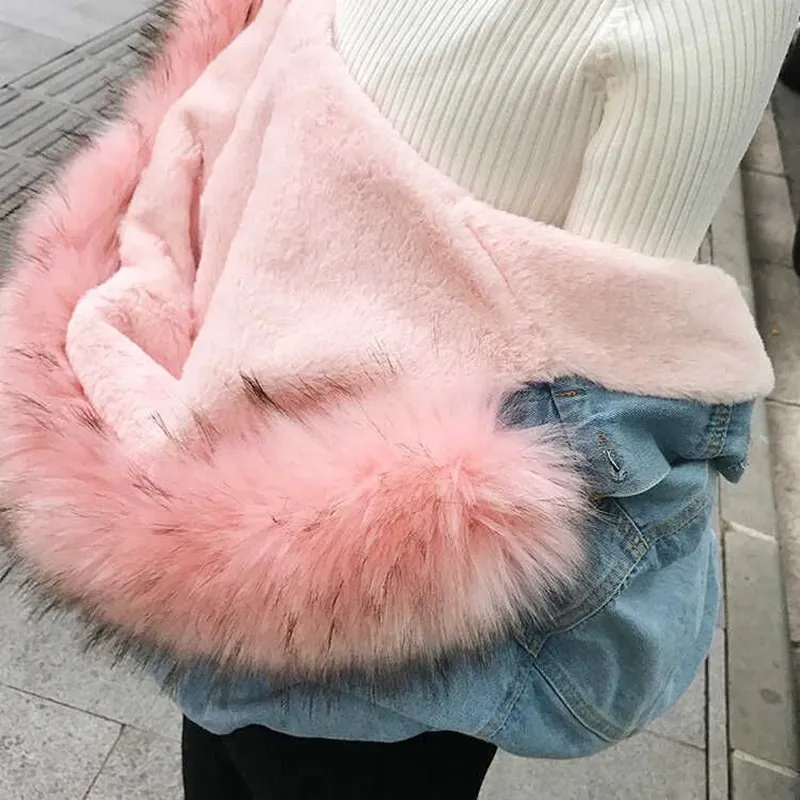 Women's Autumn/Winter Warm Hooded Denim Jacket With Fur On Hood