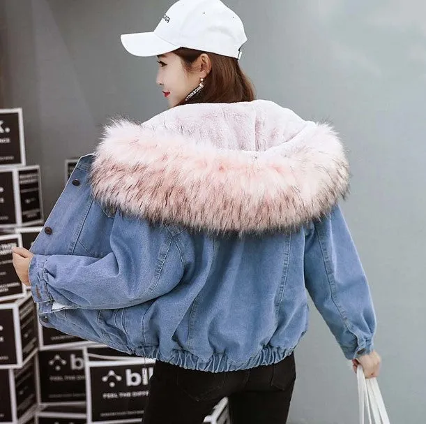 Women's Autumn/Winter Warm Hooded Denim Jacket With Fur On Hood