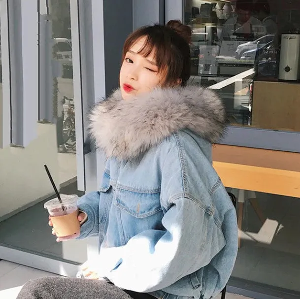 Women's Autumn/Winter Warm Hooded Denim Jacket With Fur On Hood